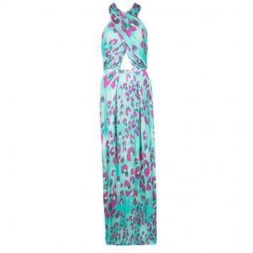 Pre Owned Matthew Williamson Electro Leopard Print Cutout Detail Jersey Maxi Dress L