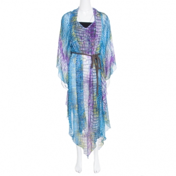 Pre Owned Matthew Williamson Escape Blue Alligator Printed Sheer Silk Belted Asymmetric Kaftan M