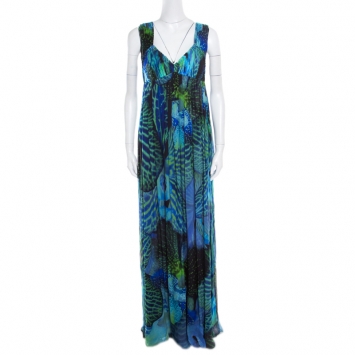 Pre Owned Matthew Williamson Blue Abstract  Lotus Printed Silk Chiffon Sleeveless Maxi Dress L