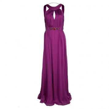 Pre Owned Matthew Williamson Pink Pleated Silk Chiffon Embellished Backless Gown M
