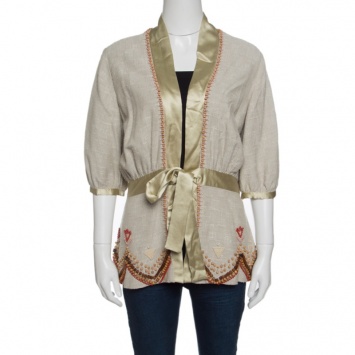 Pre Owned Matthew Williamson Beige Knit Silk Trim Beaded Front Tie Jacket M