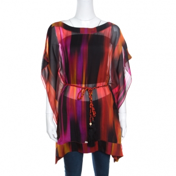 Pre Owned Matthew Williamson Escape Multicolor Printed Sheer Silk Belted Kaftan Tunic S