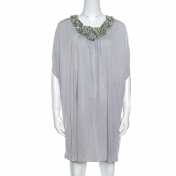 Pre Owned Matthew Williamson Grey Melange Knit Embellished Neckline Detail Boxy Dress M