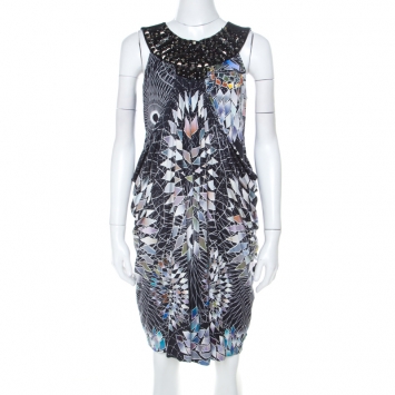 Pre Owned Mathew Williamson Black Geometric Print Silk Embellished Draped Cowl Dress M