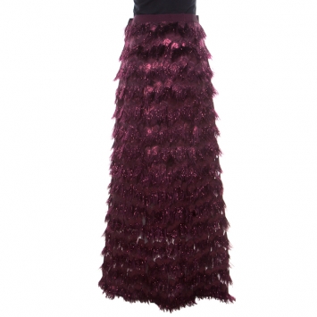 Pre Owned Max Mara Purple Metallic Jacquard Faux Feather Fringed Maxi Skirt S