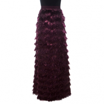 Pre Owned Max Mara Burgundy Metallic Jacquard Faux Feather Fringed Maxi Skirt S