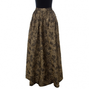 Pre Owned Max Mara Gold Floral Brocade Pleated Maxi Skirt L