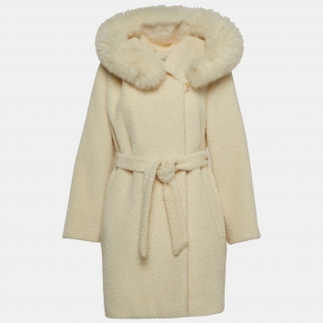 Pre Owned Max Mara Studio Cream Fur Trim Wool Blend Belted Coat S