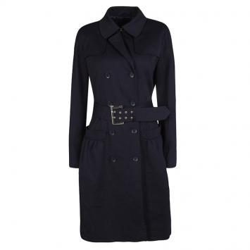 Pre Owned Max Mara Studio Navy Blue Jersey Belted Double Breasted Trench Coat M