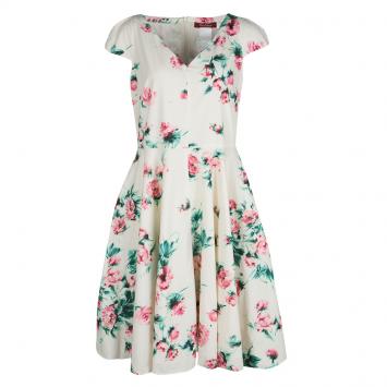 Pre Owned Max Mara Studio Cream Floral Printed Cotton Cap Sleeve Midi Dress L