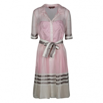 Pre Owned Max Mara Pink and White Striped Pleat Detail Belted Organza Dress M