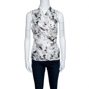 Pre Owned Max Mara White Printed Silk and Jersey Sleeveless Wrap Top M 