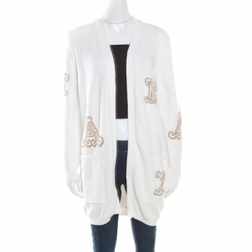 Pre Owned Max Mara White Cotton Knit Jacquard Monogram Detail Prince Cardigan M