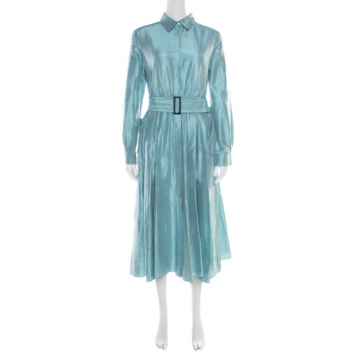 Pre Owned Max Mara Aqua Blue Raw Silk Belted Midi Shirt Dress S