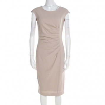 Pre Owned Max Mara Natural Beige Stretch Wool Sleeveless Ruched Canter Dress S