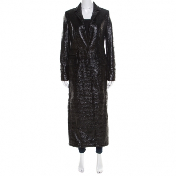 Pre Owned Max Mara Mid Black Crinkled Faux Patent Leather Plaid Lined Overcoat S 
