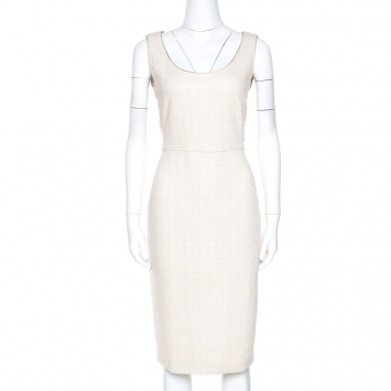 Pre Owned Max Mara Cream Cotton Tweed Lina Sheath Dress M