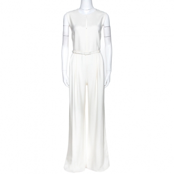 Pre Owned Max Mara Ivory Silk Belted Alamaro Jumpsuit L
