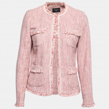 Pre Owned Max Mara Pink Tweed Pocket Detail Fringe Trimmed Jacket M