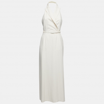 Pre Owned Max Mara Cream Wool Lapeled Belted Midi Dress M