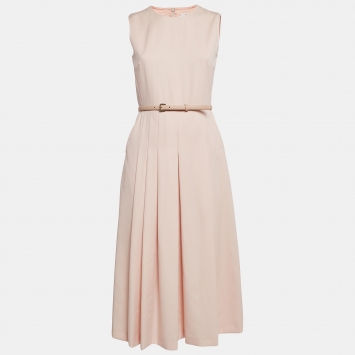 Pre Owned Max Mara Pink Wool Belted Midi Dress S