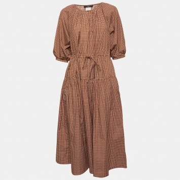 Pre Owned Weekend Max Mara Brown Square Print Cotton Midi Dress M