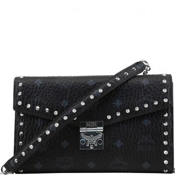 Pre Owned MCM Black Visetos Coated Canvas Studded Large Patricia Continental WOC Clutch Bag