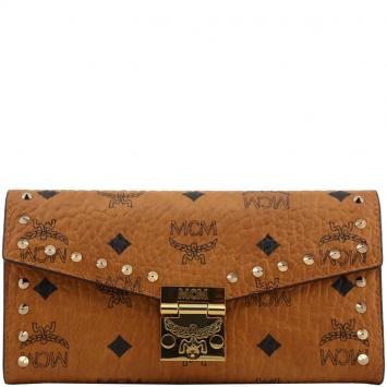 Pre Owned MCM Cognac Visetos Coated Canvas Studded Large WOC Clutch Bag