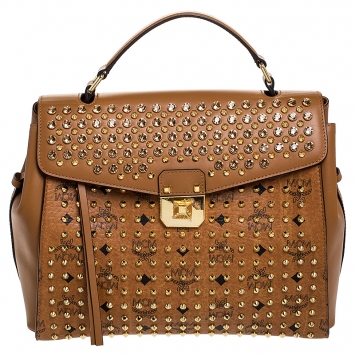 Pre Owned MCM Brown Visetos Coated Canvas and Leather Swarovski Top Handle Bag
