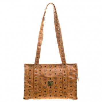 Pre Owned MCM Cognac Visetos Coated Canvas Medium Heritage Top Zip Shopper Tote