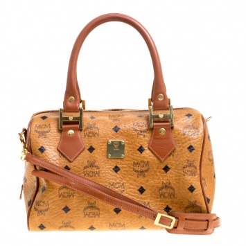 Pre Owned MCM Cognac Visetos Coated Canvas Small Heritage Boston Bag