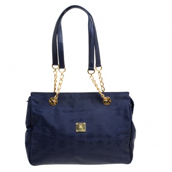 Pre Owned MCM Dark Blue Nylon Visetos Chain Tote