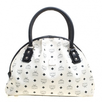 Pre Owned MCM White Visetos Leather Dome Satchel