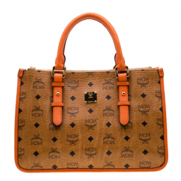 Pre Owned MCM Cognac/Orange Coated Canvas and Leather Double Zip Top Handle Bag