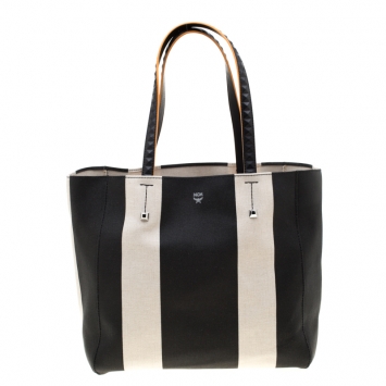 Pre Owned MCM Black/White Canvas Medium Ilse East-West Tote