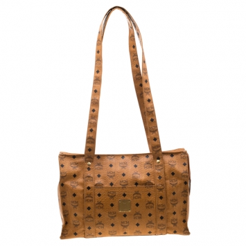 Pre Owned MCM Cognac Visetos Coated Canvas Top Zip Tote