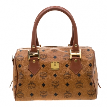 Pre Owned MCM Cognac Visetos Coated Canvas Small Heritage Boston Bag