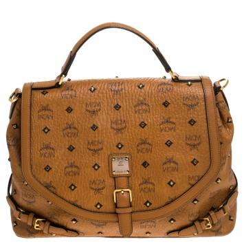 Pre Owned MCM Cognac/Black Visetos Leather Top Handle Bag            