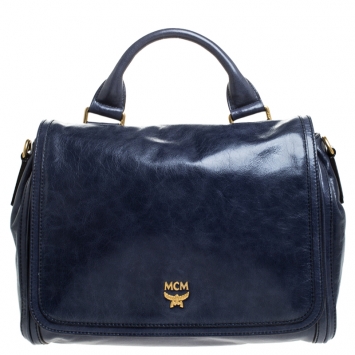 Pre Owned  MCM Blue Vitello Leather Top Handle Bag