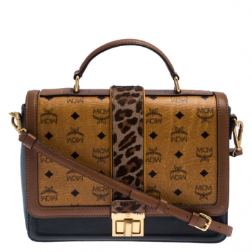 Pre Owned MCM Brown Visetos Cognac Coated Canvas and Leather Top Handle Bag