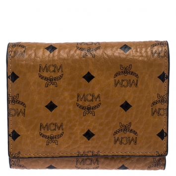 Pre Owned MCM Cognac Visetos Coated Canvas Tri Fold Compact Wallet