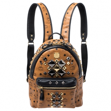 Pre Owned MCM Brown/Black Visetos Studded Coated Canvas Stark Backpack