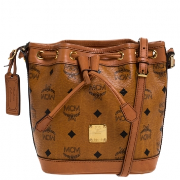 Pre Owned MCM Brown Visetos Coated Canvas Drawstring Shoulder Bag