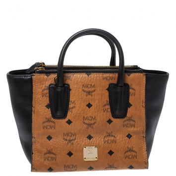 Pre Owned MCM Tan/Black Coated Canvas and Leather Tote