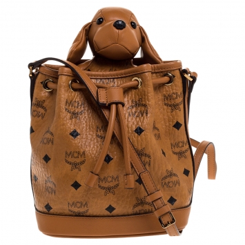 Pre Owned MCM Brown Visetos Coated Canvas Drawstring Shoulder Bag