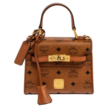 Pre Owned MCM Brown Visetos Canvas Mini Heritage Top Handle Bag