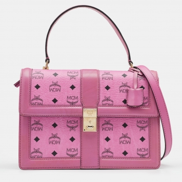 Pre Owned MCM Pink Cognac Viscos Coated Canvas and Leather Top Handle Bag