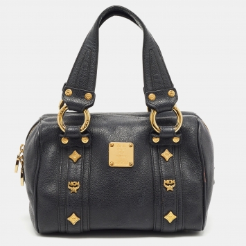 Pre Owned MCM Black Leather Studded Boston Satchel