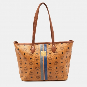 Pre Owned MCM Brown Visetos Coated Canvas and Leather Stripe Tote