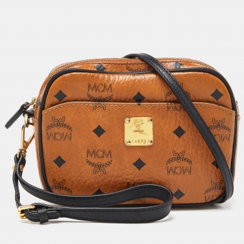 Pre Owned MCM Tan Visetos Coated Canvas and Leather Double Zip Camera Crossbody Bag